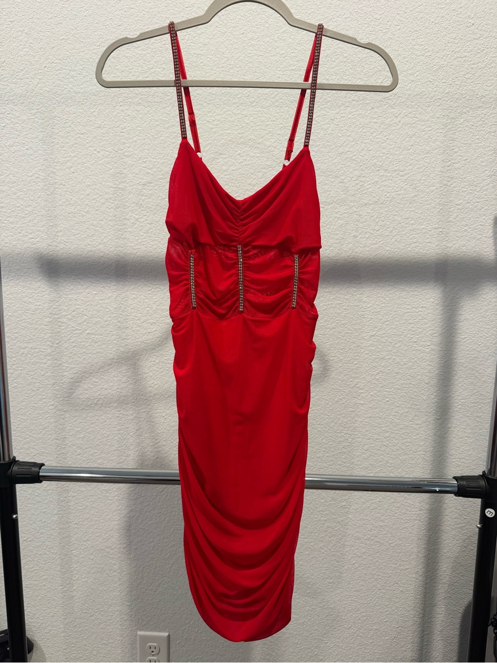 SHEIN Red Ruched Midi Dress with Rhinestone Straps